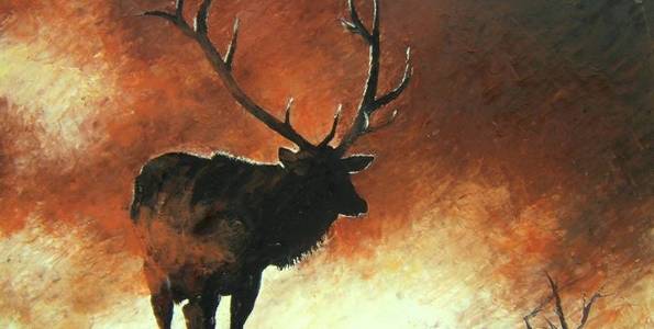 CERF DANS LA BRUME . huile couteau