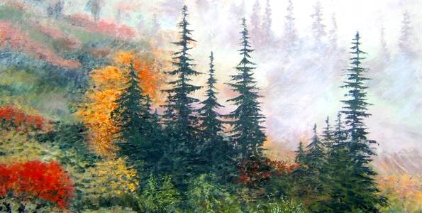 FORÊT SOUS LA BRUME . huile couteau