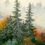 FORÊT SOUS LA BRUME . huile couteau