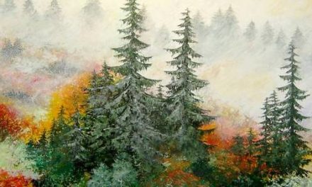 FORÊT SOUS LA BRUME . huile couteau