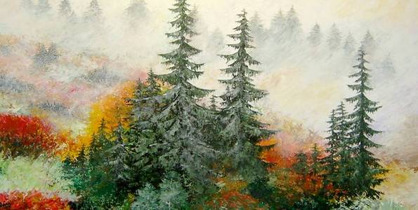 FORÊT SOUS LA BRUME . huile couteau