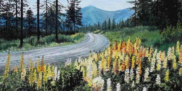 LUPINS EN FORÊT . gouache