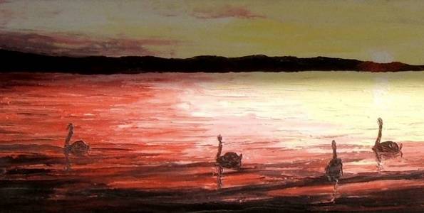 CYGNES AU CLAIR DE LUNE . huile couteau