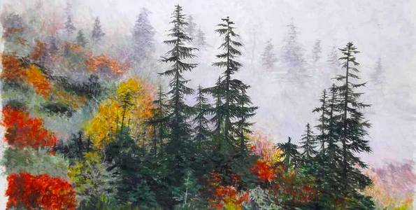 FORÊT SOUS LA BRUME . gouache